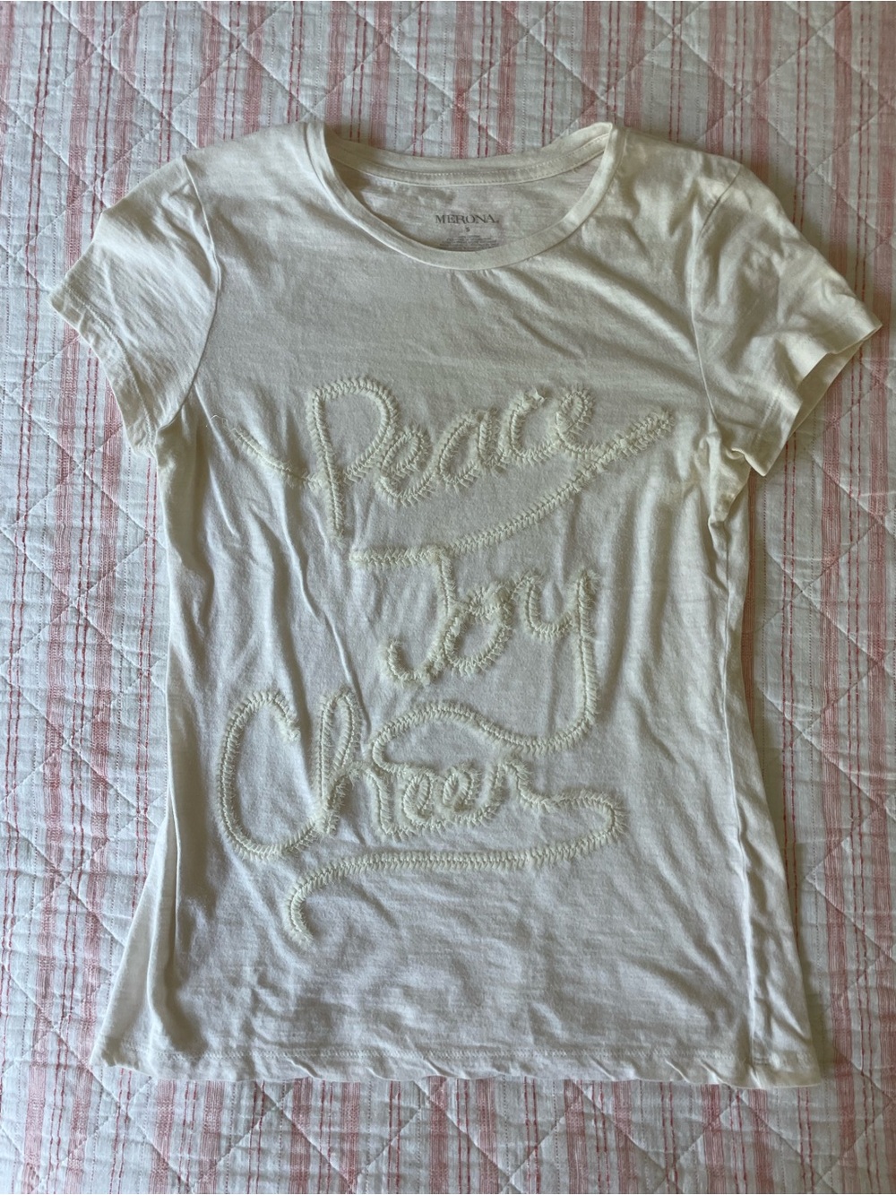 Merona "Peace Joy Cheer" Cream Short Sleeve Tee with Embroidered Detail